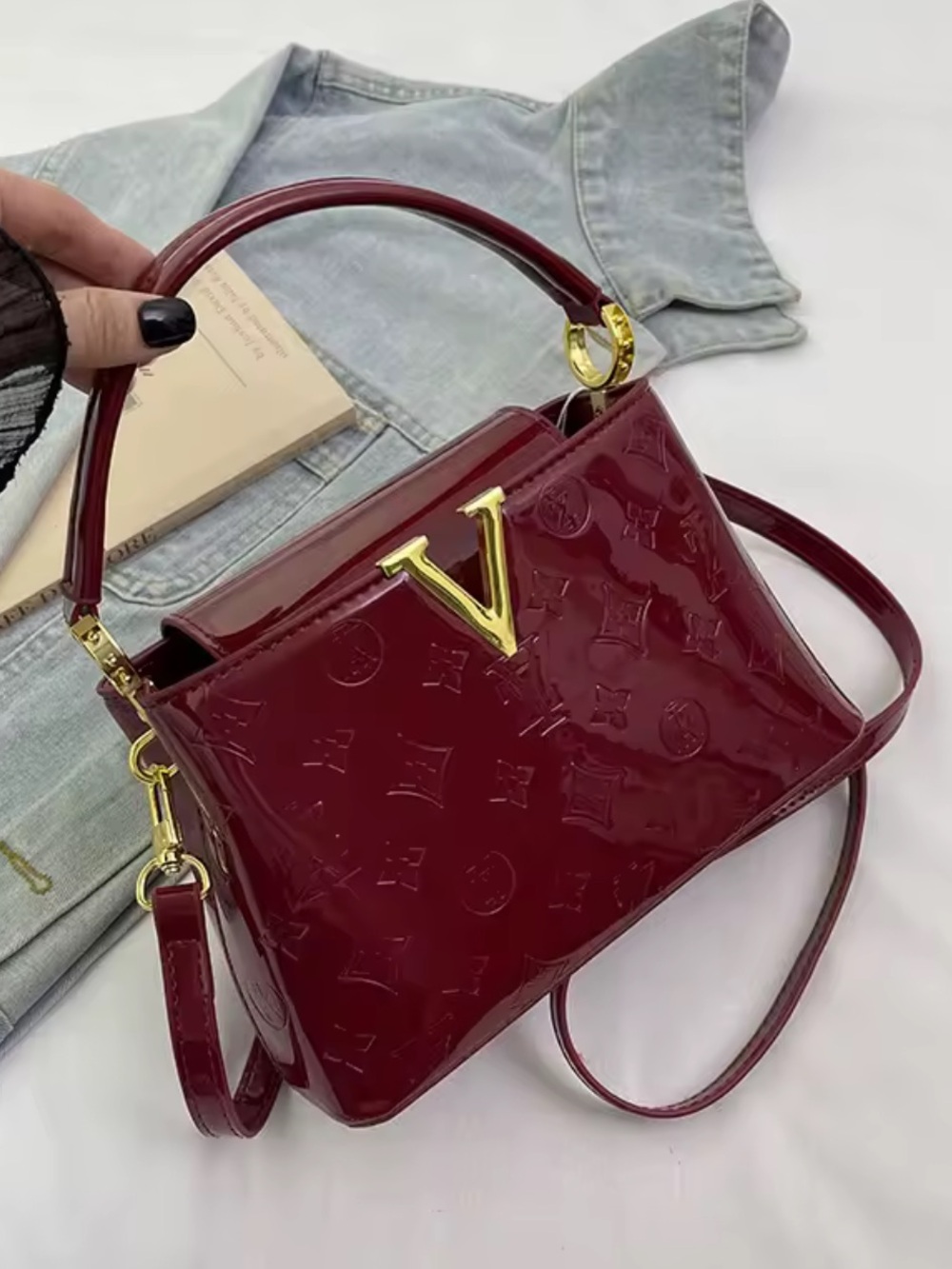 New Lux Patent V-Accent Red Top-Handle Bag